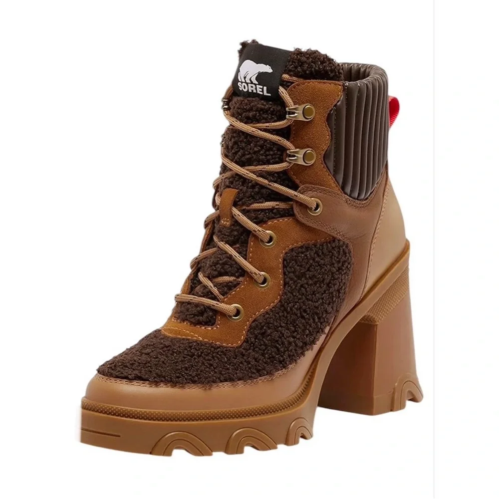 Sorel Brex Heel Cozy Lace Boots Tawny Buff, Blackened Brown Size 9.5